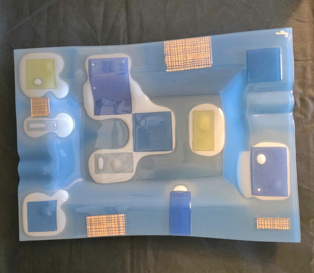 Vintage Higgins Fused Art Glass Tray Signed MCM Blue Gold 1960's 14”.